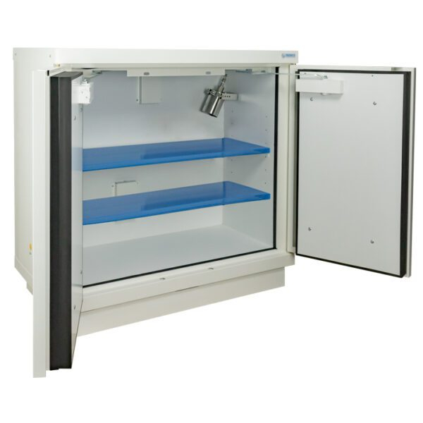 Armoire de sécurité 90 min batteries lithium basse 2 portes + 1 extincteur EX100LI + 2 étagères E35LI, Trionyx
